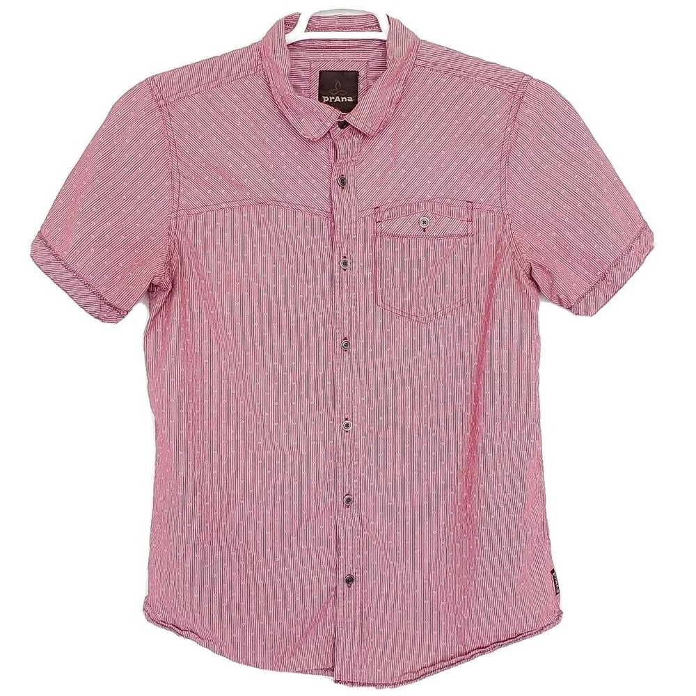Prana Men's Large Red Pink Shirt Short Sleeve Button Up Organic Cotton Striped